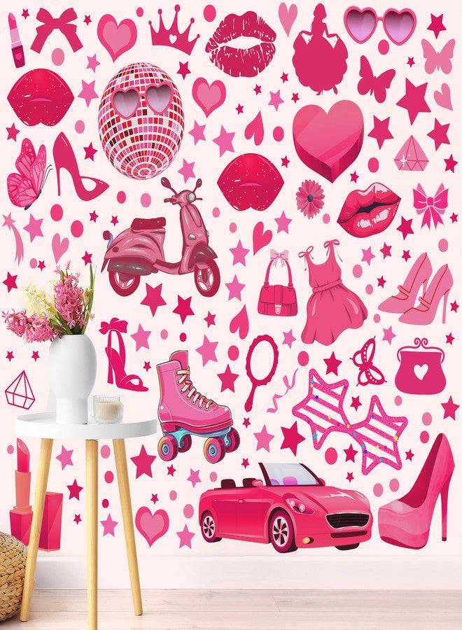 Chivertion 116 Pcs Hot Pink Girl Wall Stickers, Princess Doll Lip Heart Room Decor for Girls Bedroom, Removable Pink Wall Decor, Pink Girls Decorations Decals Sticker, 11.4 x 8.3 Inch, 6 Sheets - Image 1